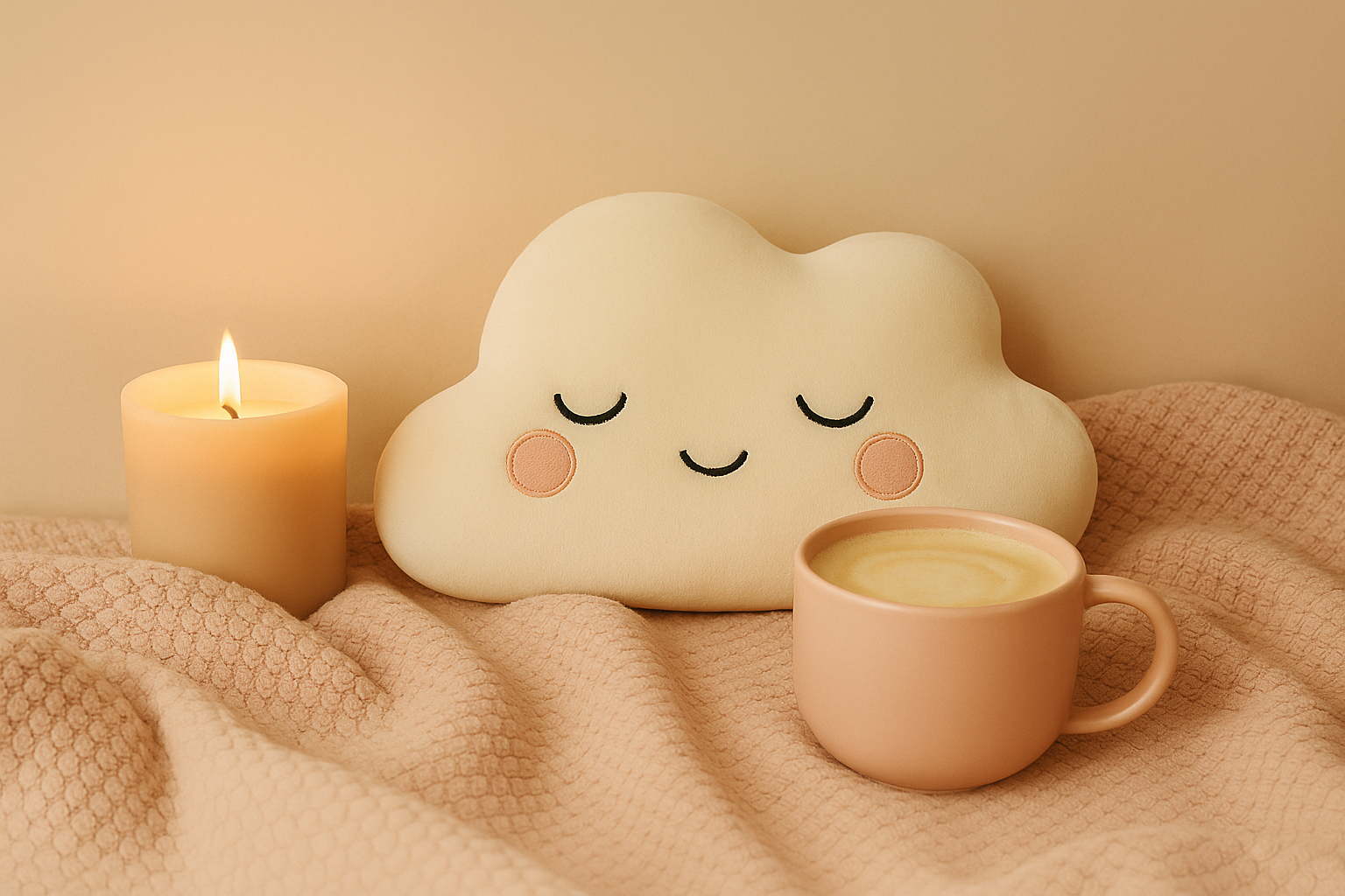 Un coussin nuage osé sur un plaid avec une tasse et une bougie 